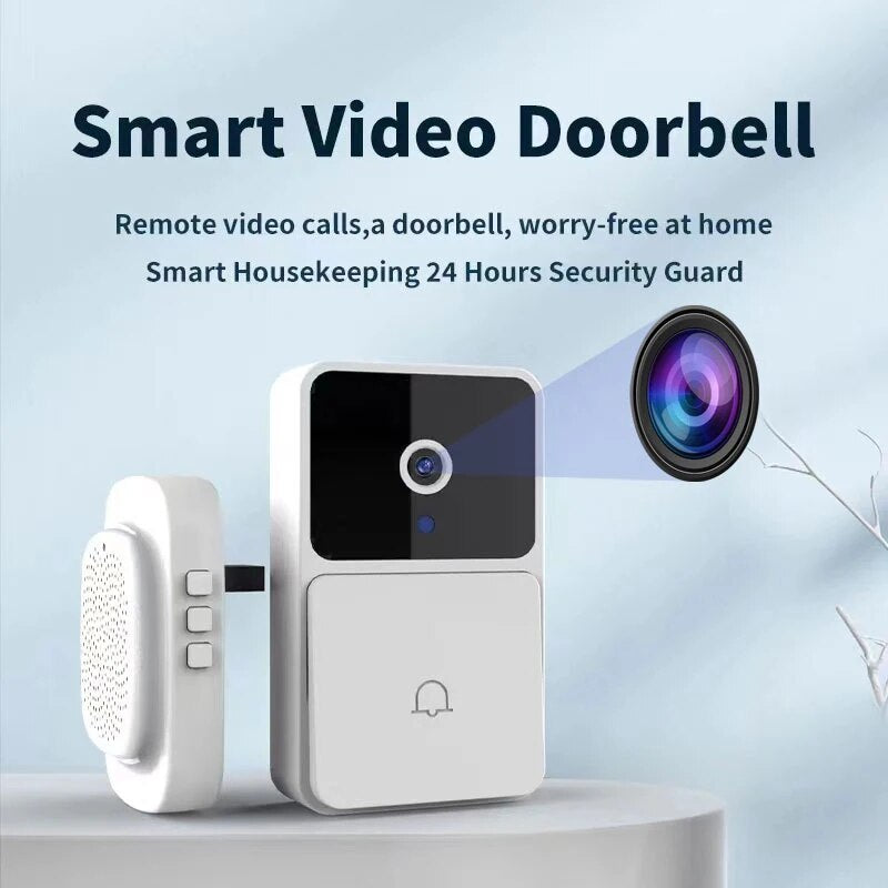 WIFI video doorbell camera with wireless connection, night vision, and two-way intercom for smart home security.