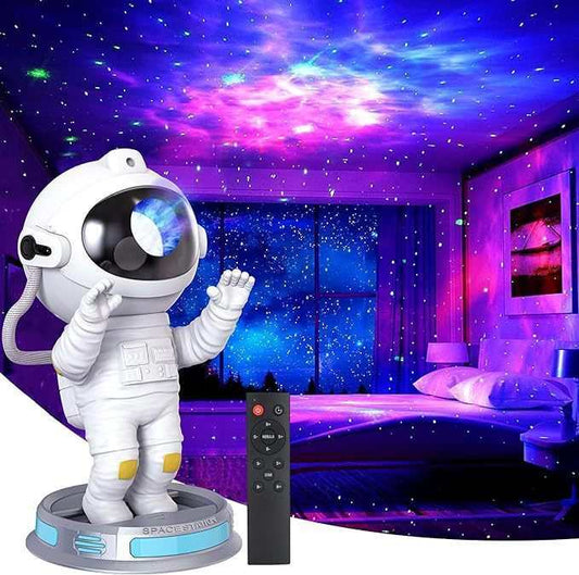 Astronaut starlight projector lamp creating northern lights in a bedroom setting.