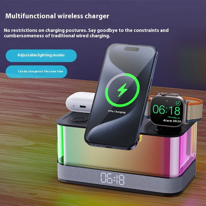 Bluetooth speaker clock with wireless charger and ambience light, multifunctional design.