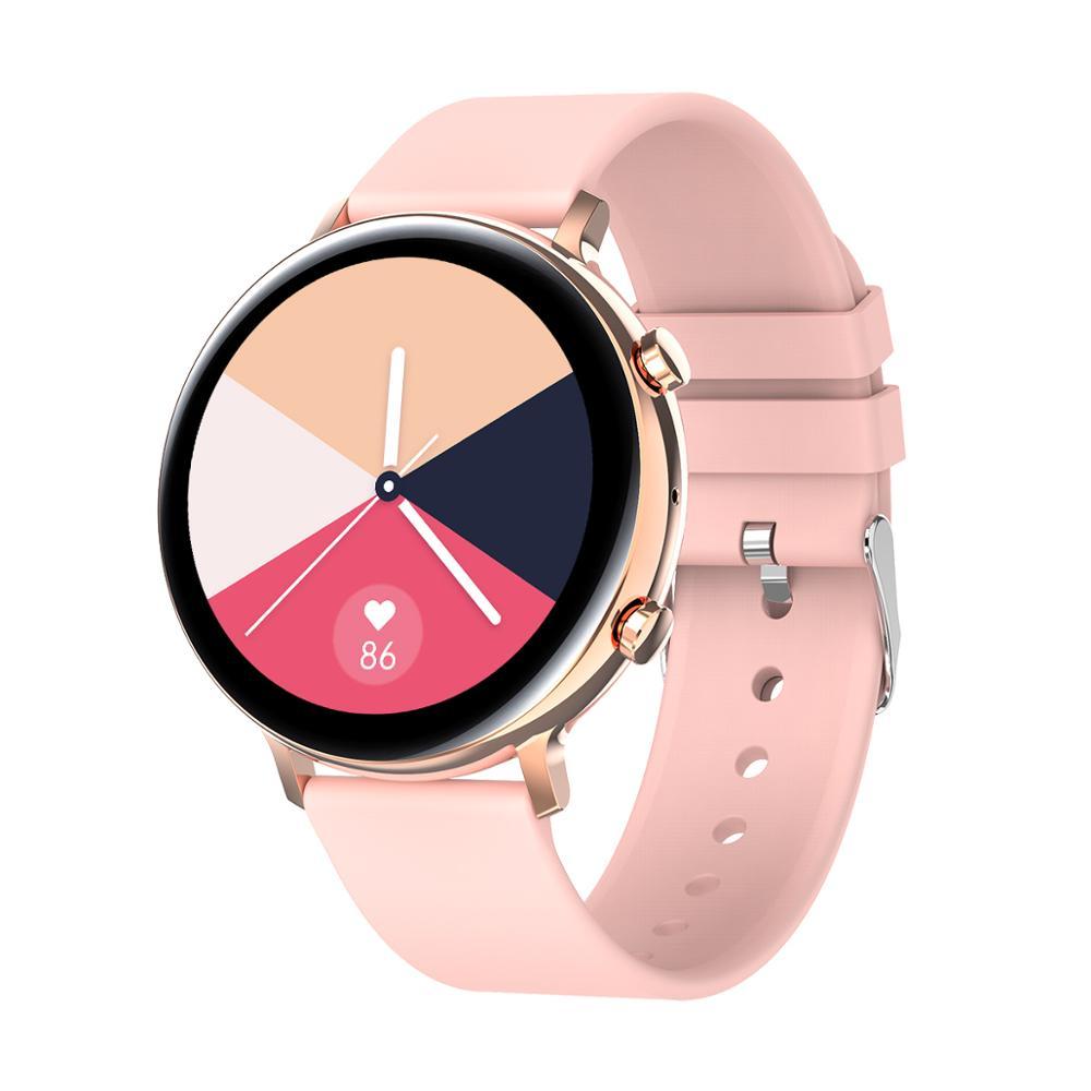 New GW33 smart watch with pink silicone strap and round display featuring heart rate monitor.