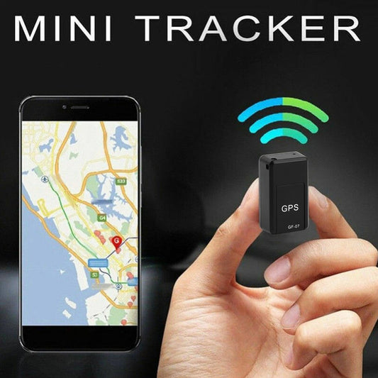 Magnetic Mini Car Tracker for real-time GPS tracking, showing device in hand and smartphone map.