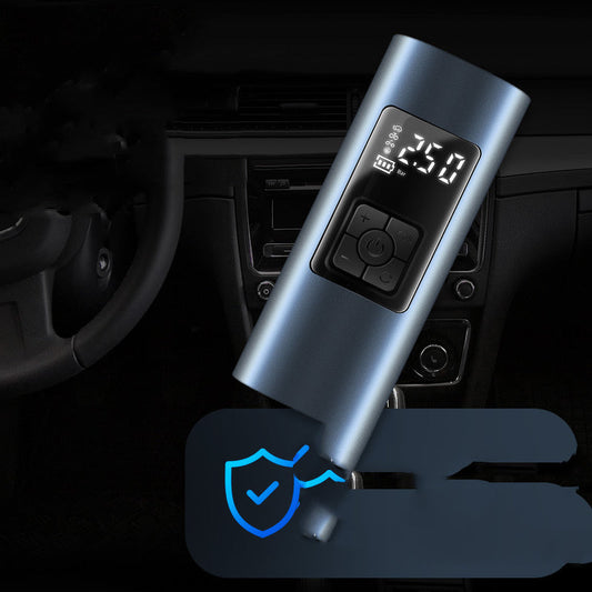 Wireless portable electric car air pump with digital display in vehicle interior.