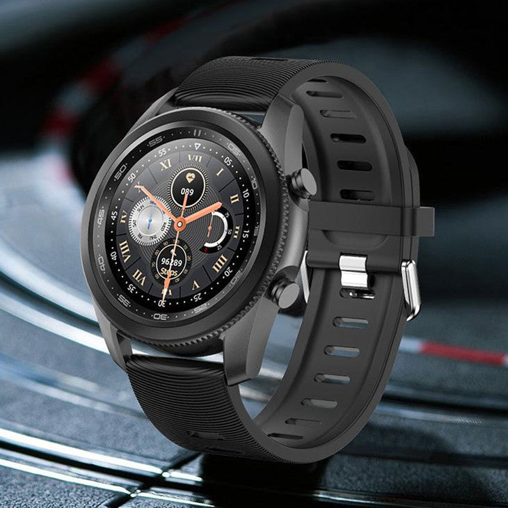 Smart watch with black strap, featuring rotating ring and touch button.