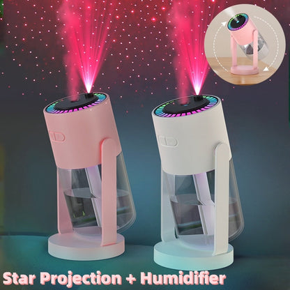 Compact starry sky projection humidifier with ambient light, available in pink and white.