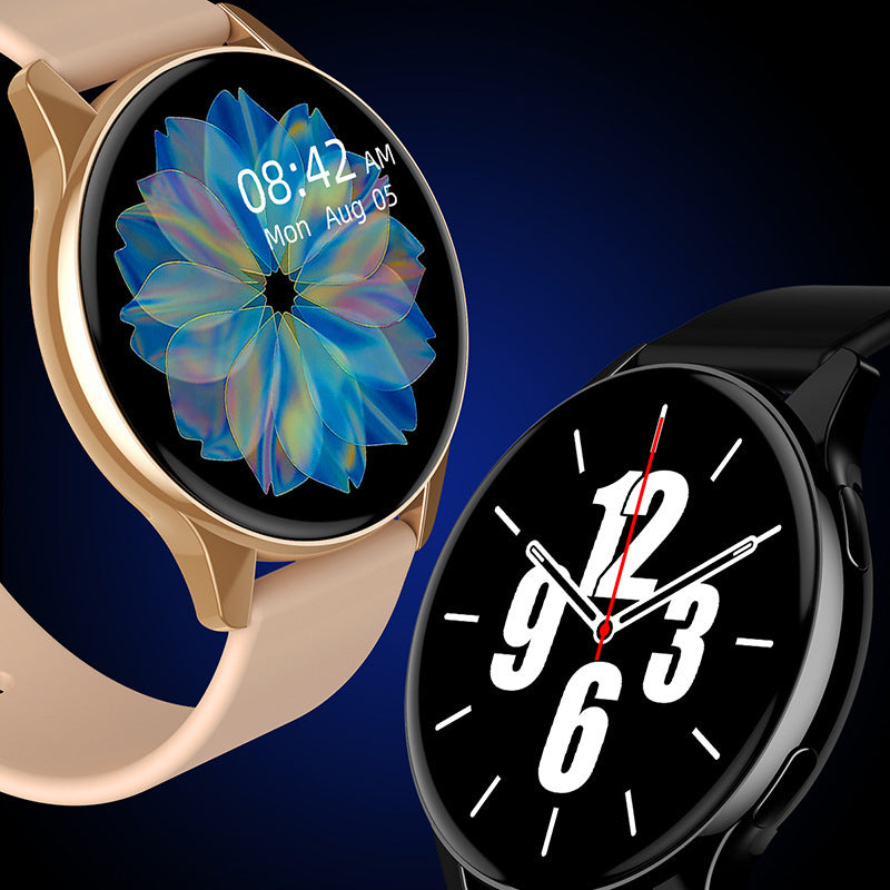 Round smart watch with Bluetooth calling and touch screen, featuring stylish gold and black designs.