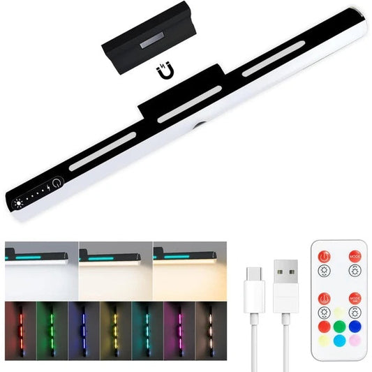 Dimmable wireless LED light bar for mirror with adjustable color, brightness, and magnetic mount.