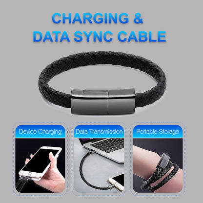 Bracelet charger USB cable with black braided PU leather design for iPhone and Android.