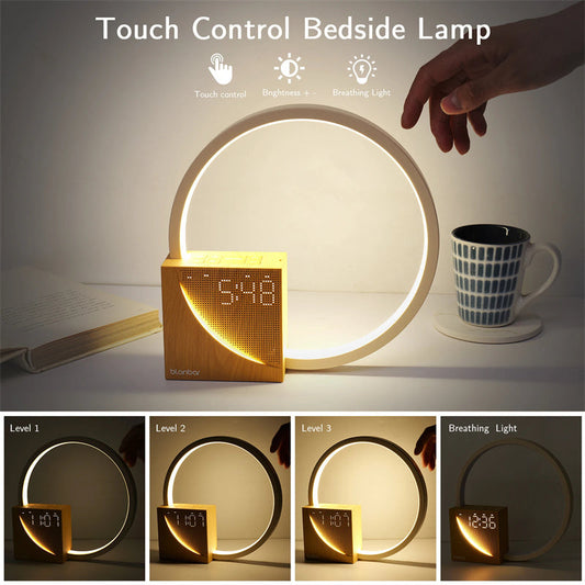 Bedside lamp with touch control and adjustable brightness levels.