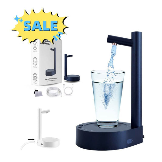 Electric rechargeable water dispenser with modern design, shown dispensing water into a glass.