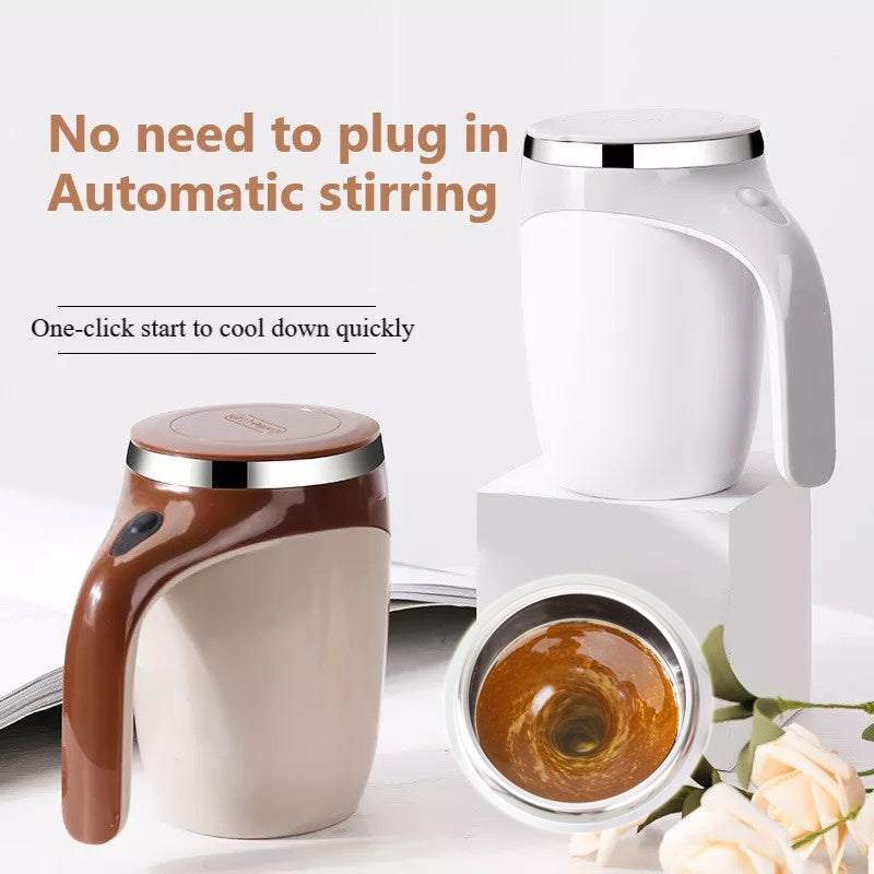 Rechargeable automatic stirring cup in white and brown, showcasing no plug-in feature and automatic mixing.