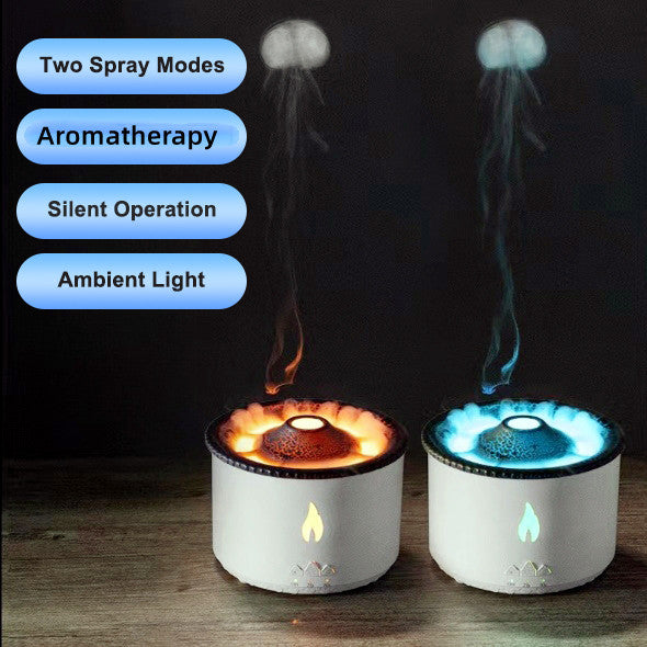 Ultrasonic essential oil humidifier with flame lighting and jellyfish smoke effect.