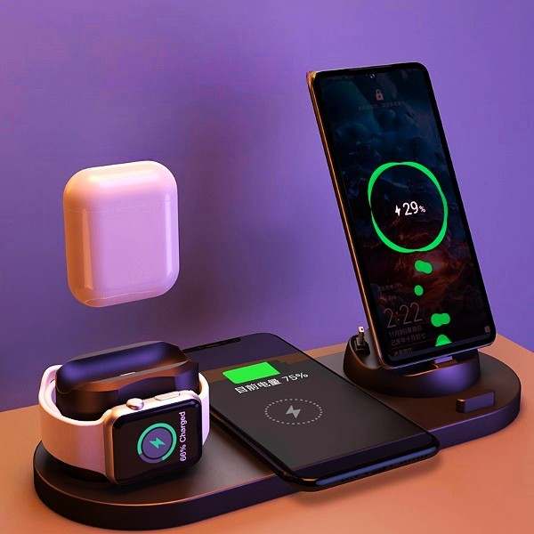 6-in-1 wireless charger for iPhone, watch, and AirPods on a sleek charging dock station.